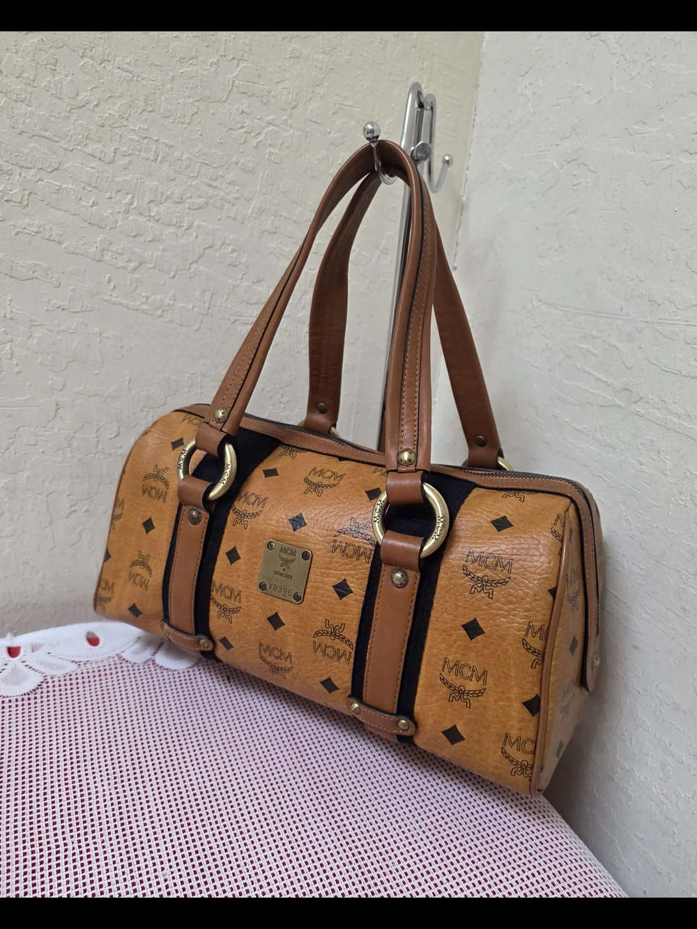 MCM Cognac Monogram Handbag Medium Satchel Bag AUTHENTIC